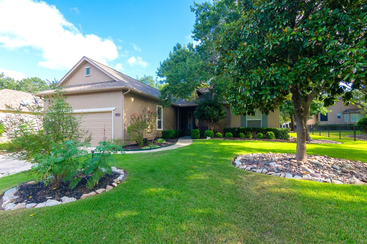 a view of a house with a yard and a large tree