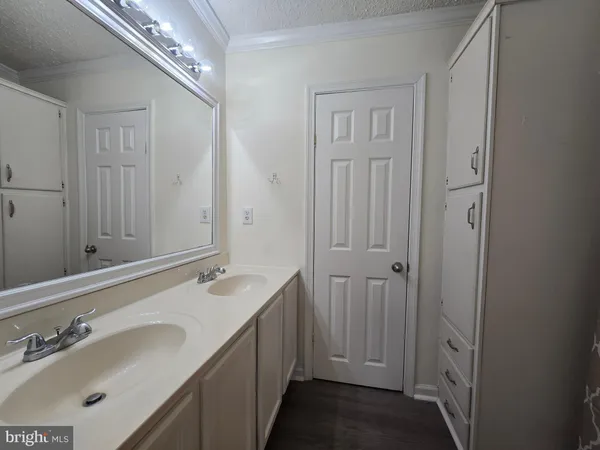 a bathroom with a double vanity sink and a mirror