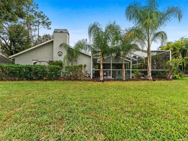 a view of a big yard with plants and large trees