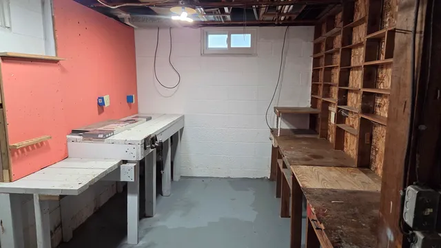 a view of a room with racks on the wall