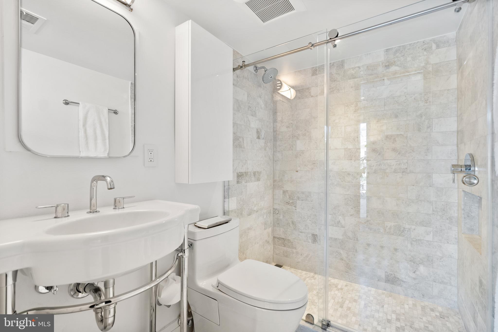 3210 Grace Street Northwest, Unit 304 Washington, DC 20007 - Photo 29 of 41 a bathroom with a sink mirror toilet and shower
