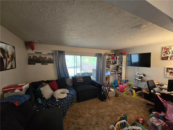 a living room with furniture windows and a flat screen tv