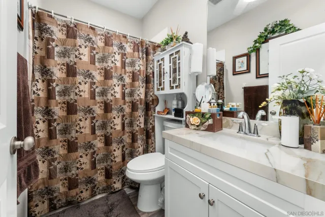 a bathroom with a sink a toilet and a shower curtain