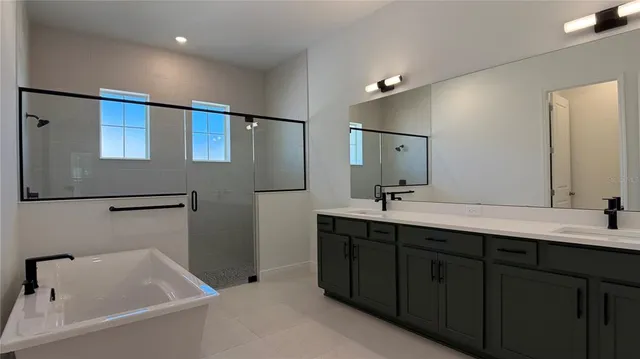 a bathroom with a tub sink and mirror