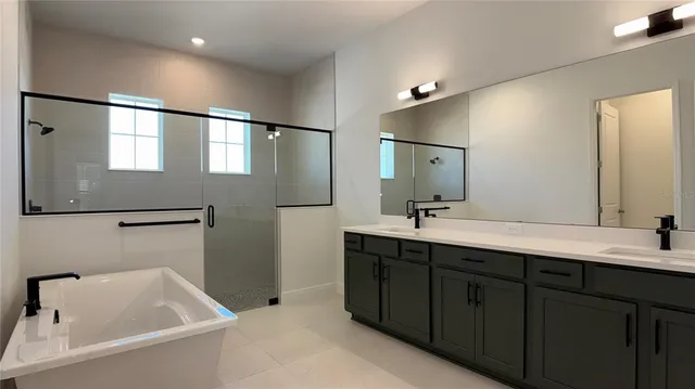 a bathroom with a tub sink and mirror