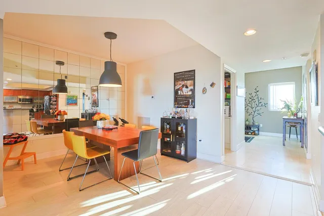 a view of a dining room with furniture