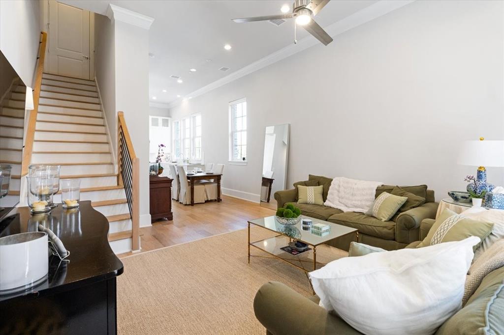4129 Runyon Road Addison, TX 75001 - Photo 17 of 38 Living area featuring light wood finished floors, ornamental molding, a ceiling fan, and recessed lighting