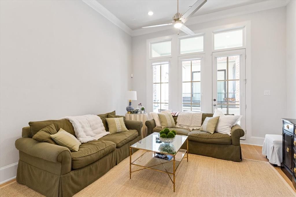4129 Runyon Road Addison, TX 75001 - Photo 19 of 38 Living area with light wood-style floors, crown molding, ceiling fan, and recessed lighting