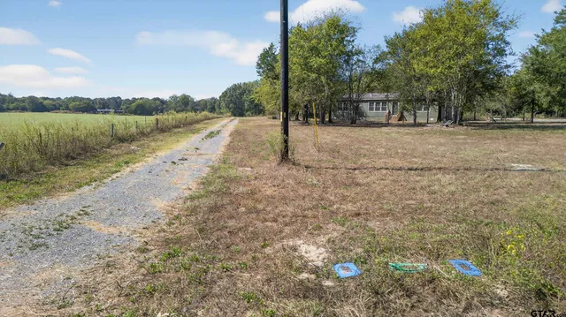 a view of a field with trees in the background
