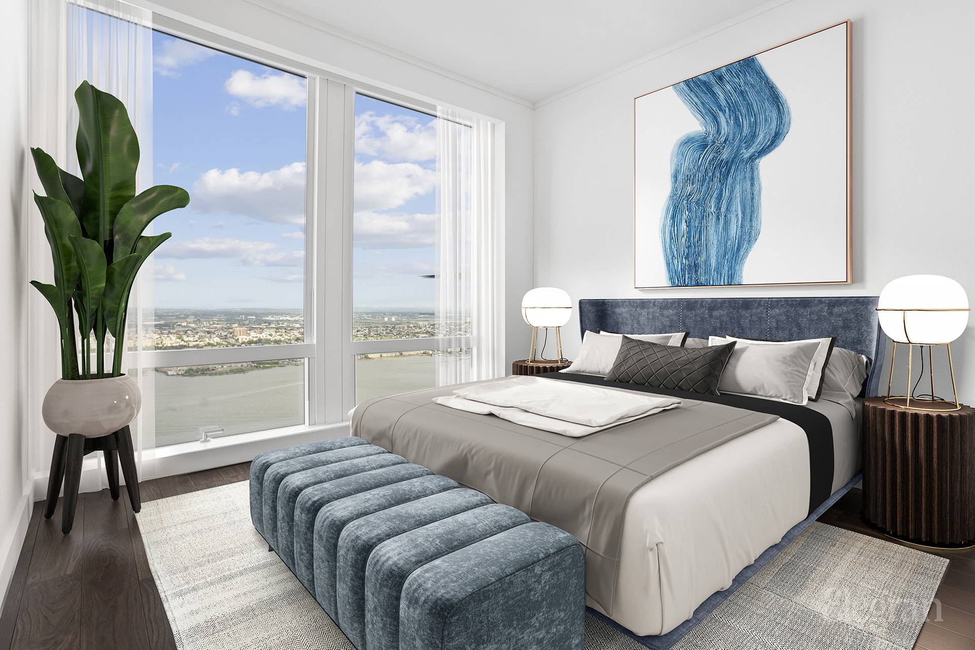 35 Hudson Yards, Unit 6901 Manhattan, NY 10001 - Photo 6 of 24 a bedroom with furniture and a large window