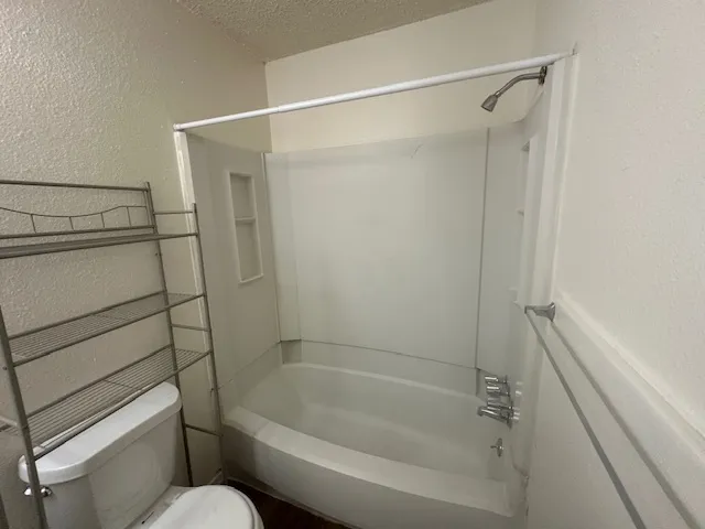 a bathroom with a shower and a toilet