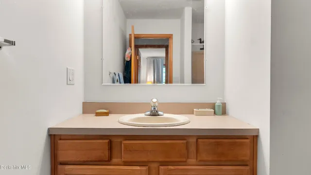 a bathroom with a sink and a mirror