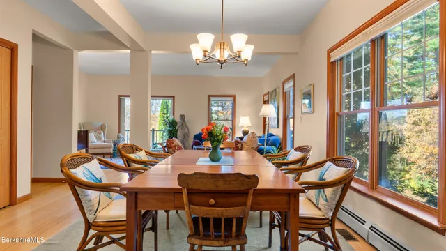 a view of a dining room with furniture window and outside view