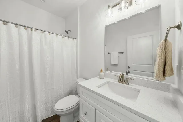 a bathroom with a sink a toilet and shower curtain