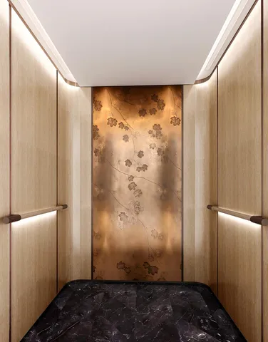 a view of a hallway with a chandelier and living room