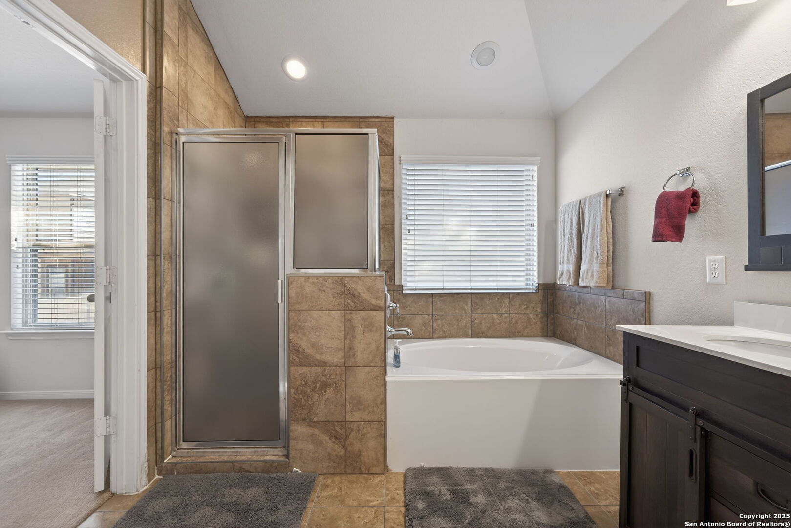 147 Brook View Cibolo, TX 78108 - Photo 18 of 29 a bathroom with a bathtub sink vanity and mirror
