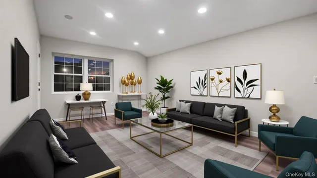 a living room with furniture and a large window