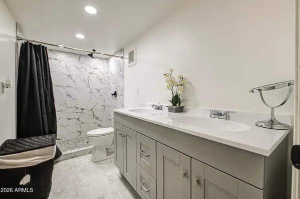 a bathroom with a double vanity sink toilet and shower