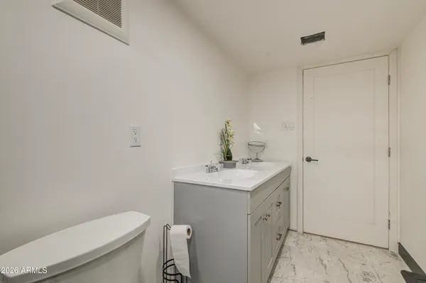 a bathroom with a sink a toilet and vanity