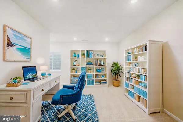 a living room with furniture and a bookshelf