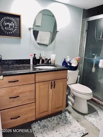 a bathroom with a toilet a sink and mirror