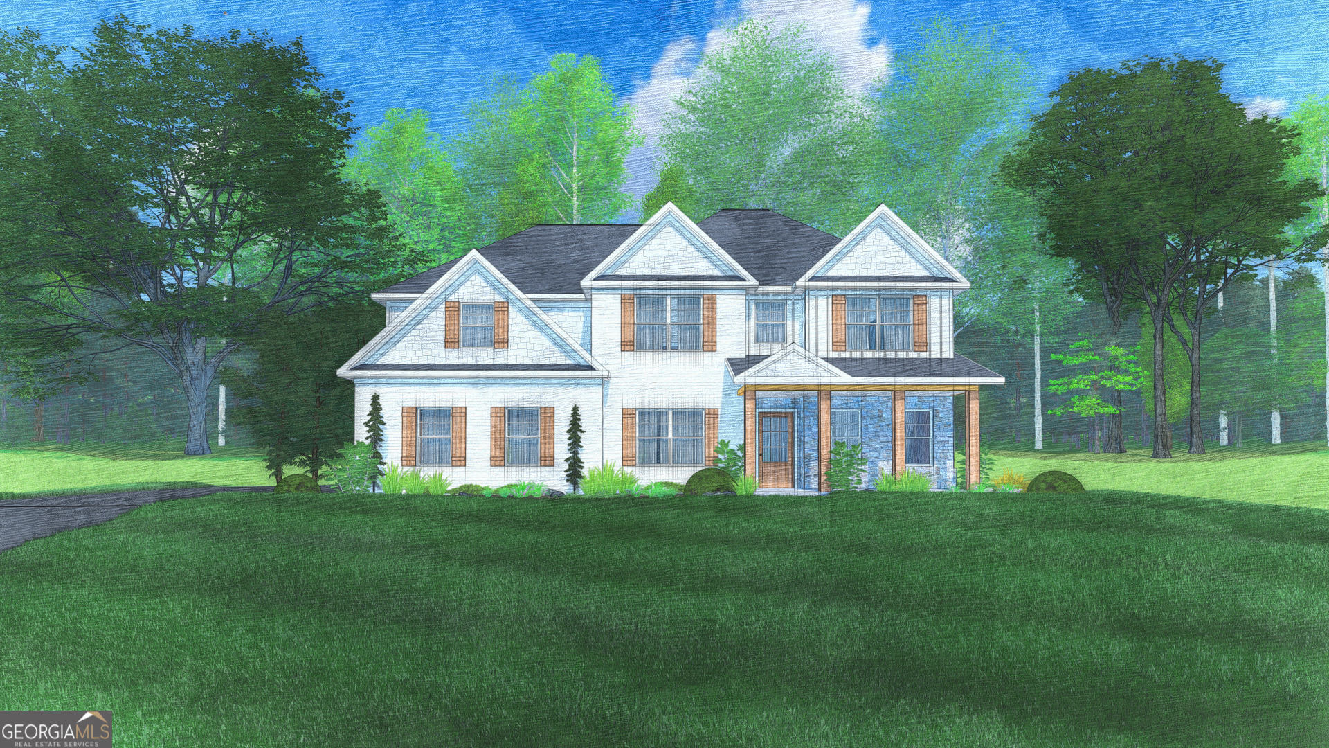 a front view of a house with a yard and trees