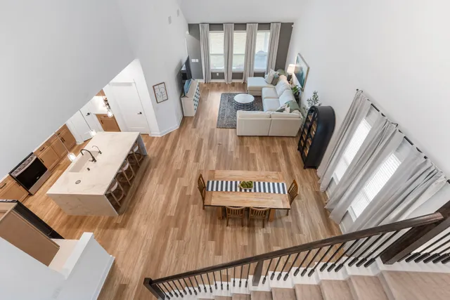 a view of a living room with furniture