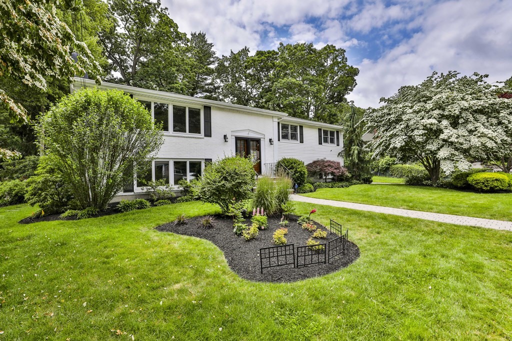 a view of a house with a big yard potted plants and large tree