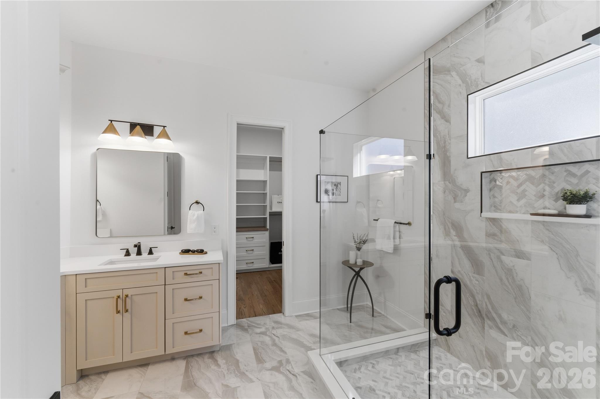 6405 Chimney Bluff Road Lancaster, SC 29720 - Photo 24 of 38 a bathroom with a double vanity sink mirror and shower