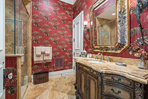 a view of a park with large trees