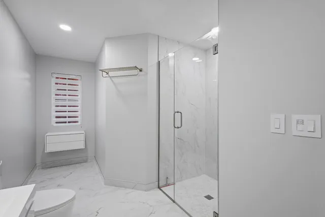 a bathroom with a shower and a toilet