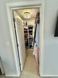 a view of walk in closet with clothes and shoes