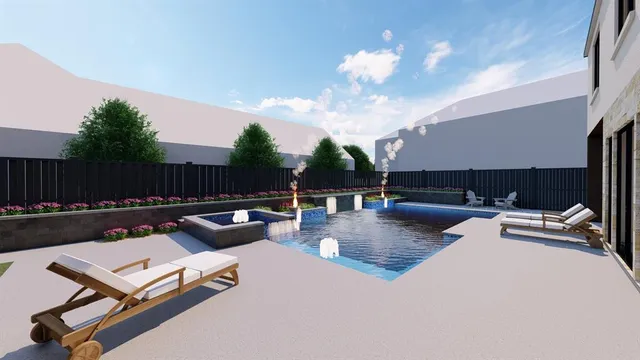 a view of a patio with swimming pool