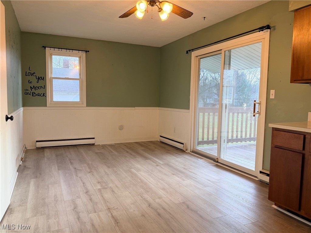 4556 Fishcreek Road Stow, OH 44224 - Photo 28 of 41 Unfurnished room with wainscoting, light wood finished floors, baseboard heating, and a ceiling fan