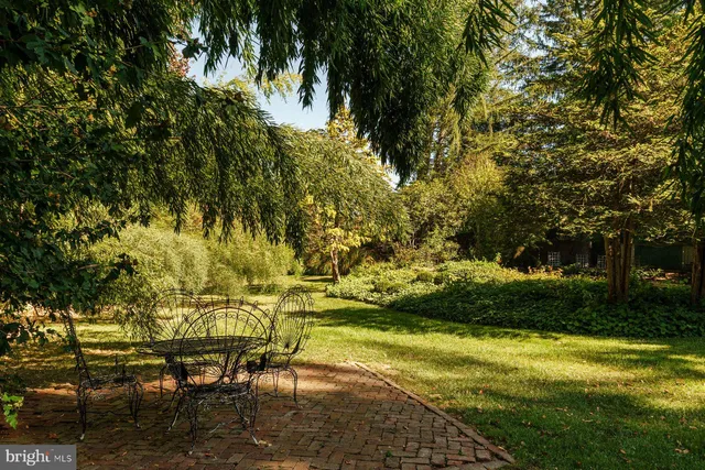 a view of a backyard with table and chairs and a large tree