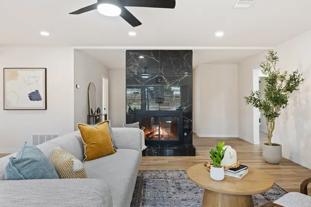 a living room with furniture and a potted plant