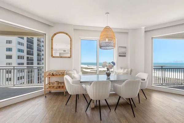 a view of a dining room with furniture window and wooden floor