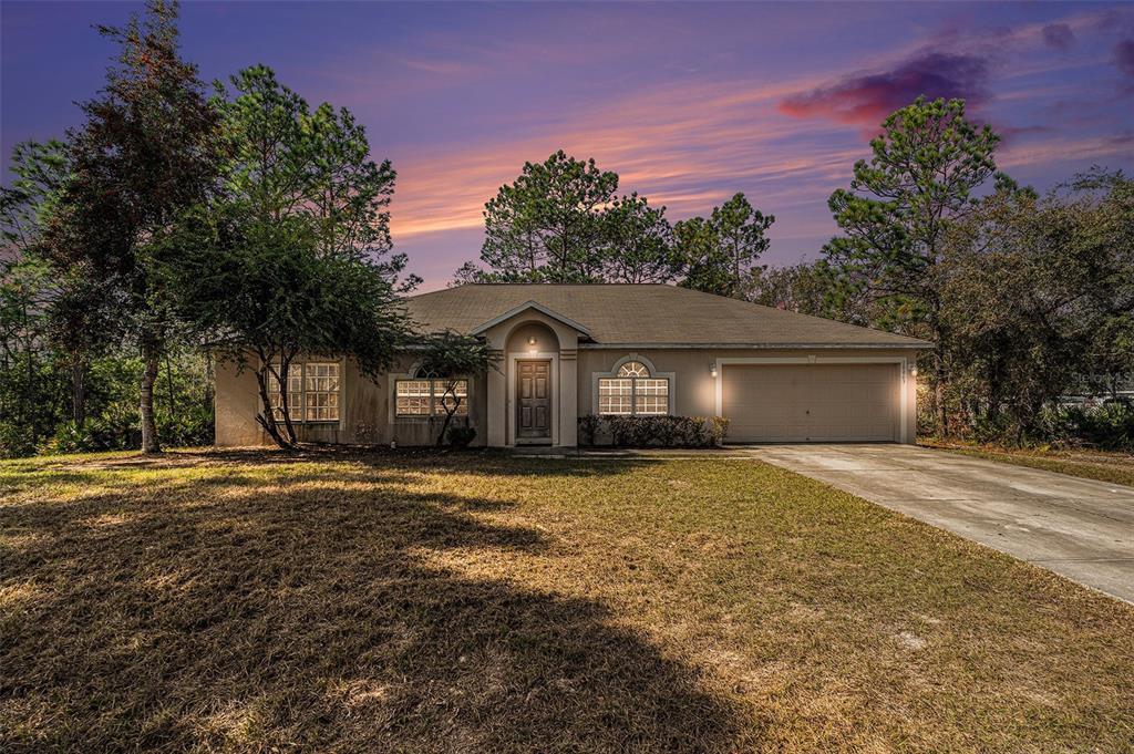 a front view of a house with a yard and garage