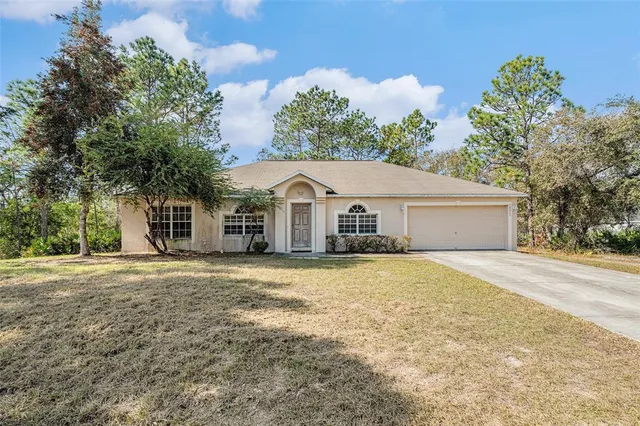 a view of a house with a yard and garage