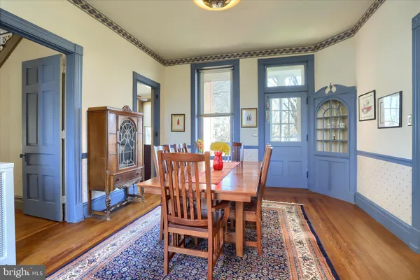 a view of a dining room with furniture window and wooden floor