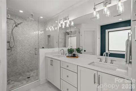 a bathroom with a double vanity sink mirror and shower