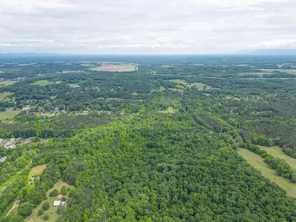 an aerial view of residential houses with outdoor space and trees