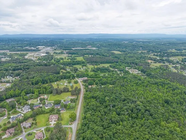 an aerial view of residential houses with outdoor space and trees