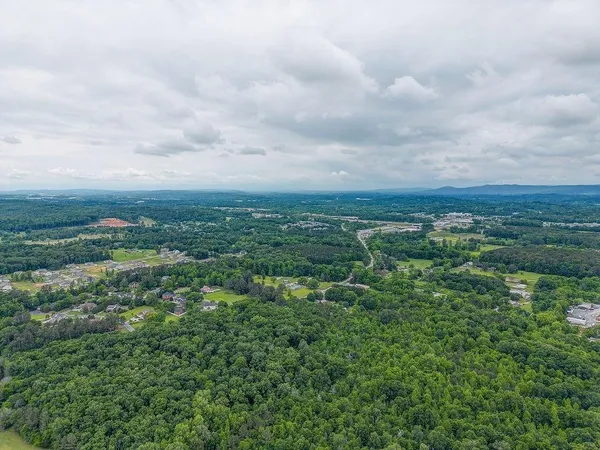an aerial view of residential houses with outdoor space and trees