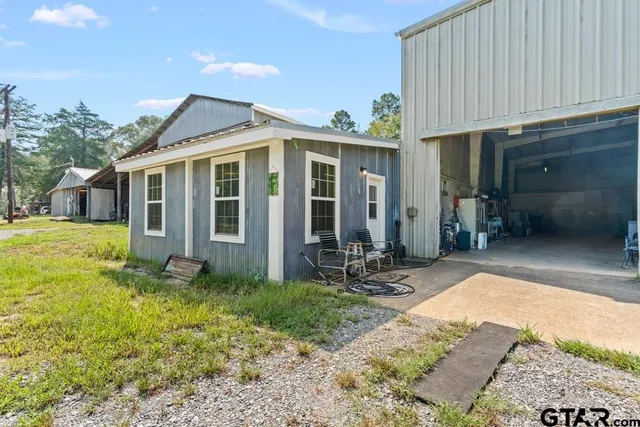 a view of a garage with storage