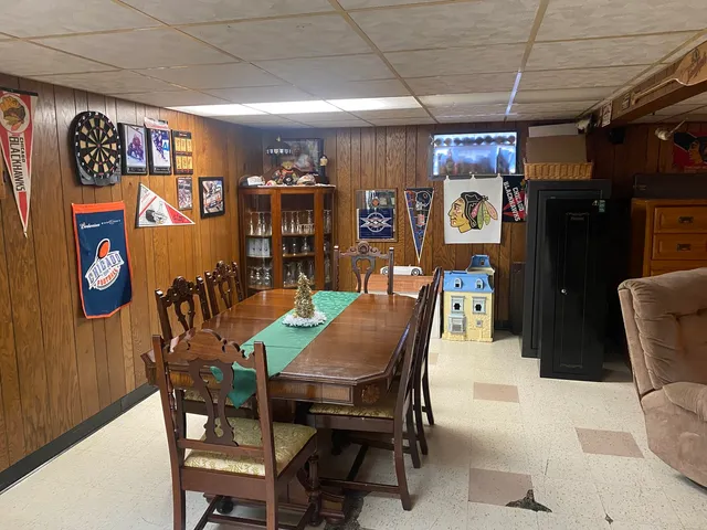 a view of a dining room with furniture