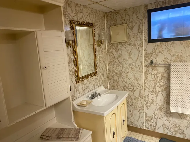 a bathroom with a sink and a mirror