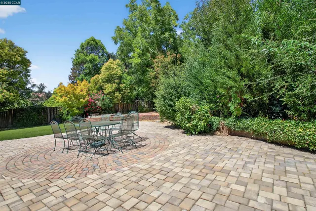 a view of a backyard with sitting area