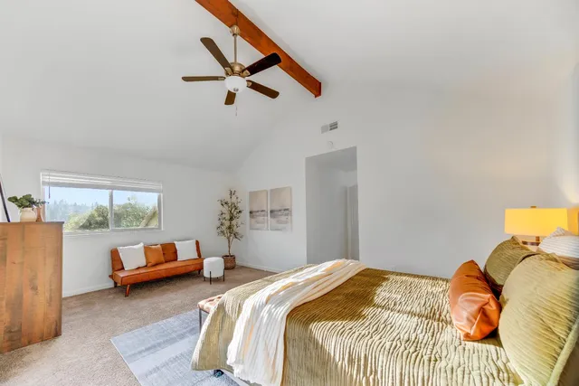 a bedroom with furniture and a potted plant