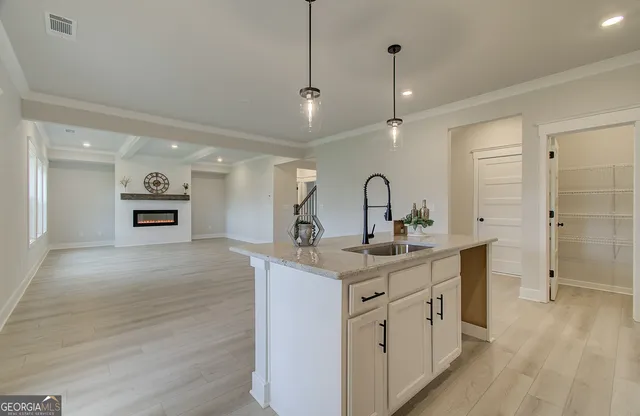 a kitchen with a sink a counter space and appliances